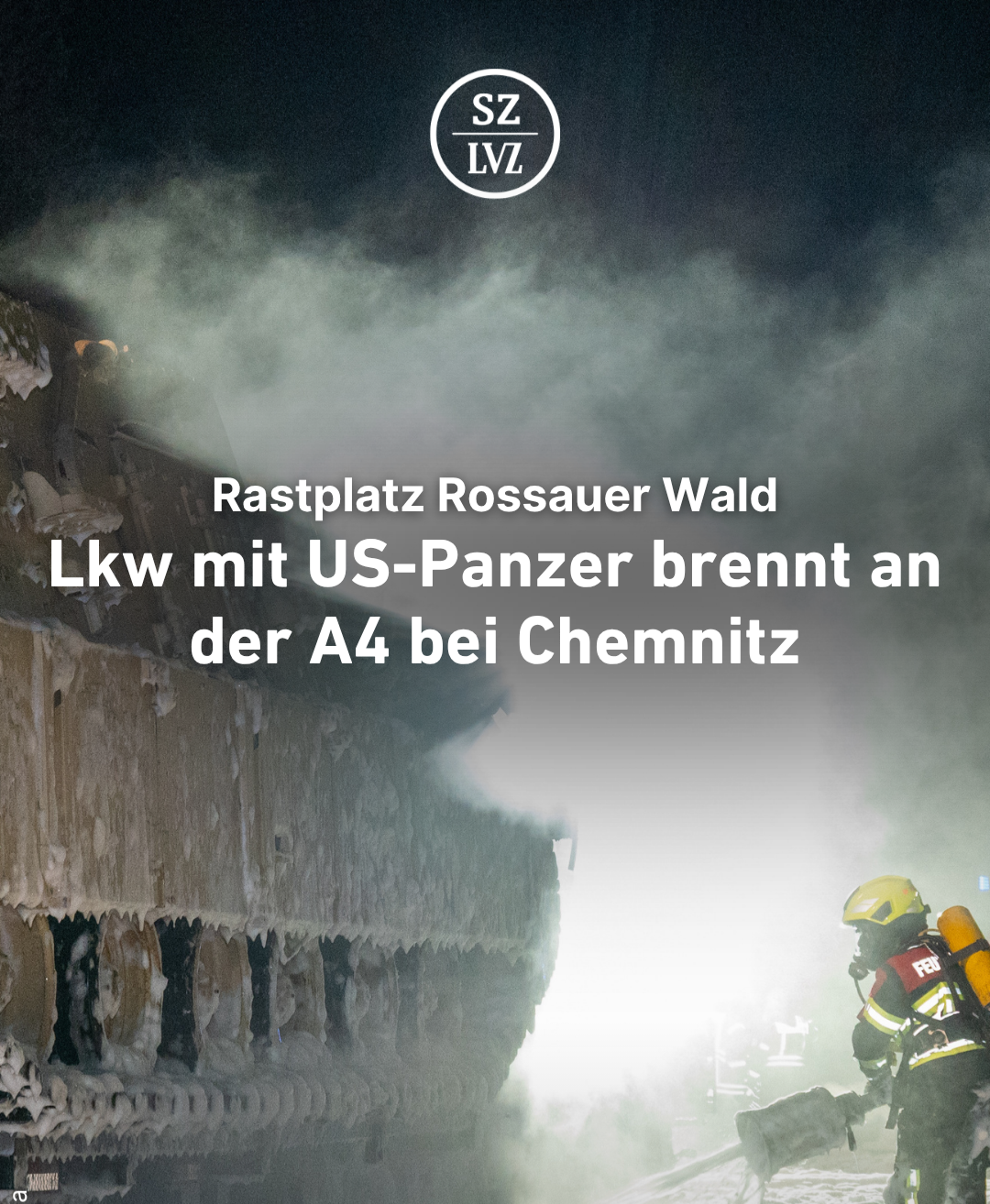 Lkw mit US-Panzer brennt auf der A4 bei Hainichen thumbnail