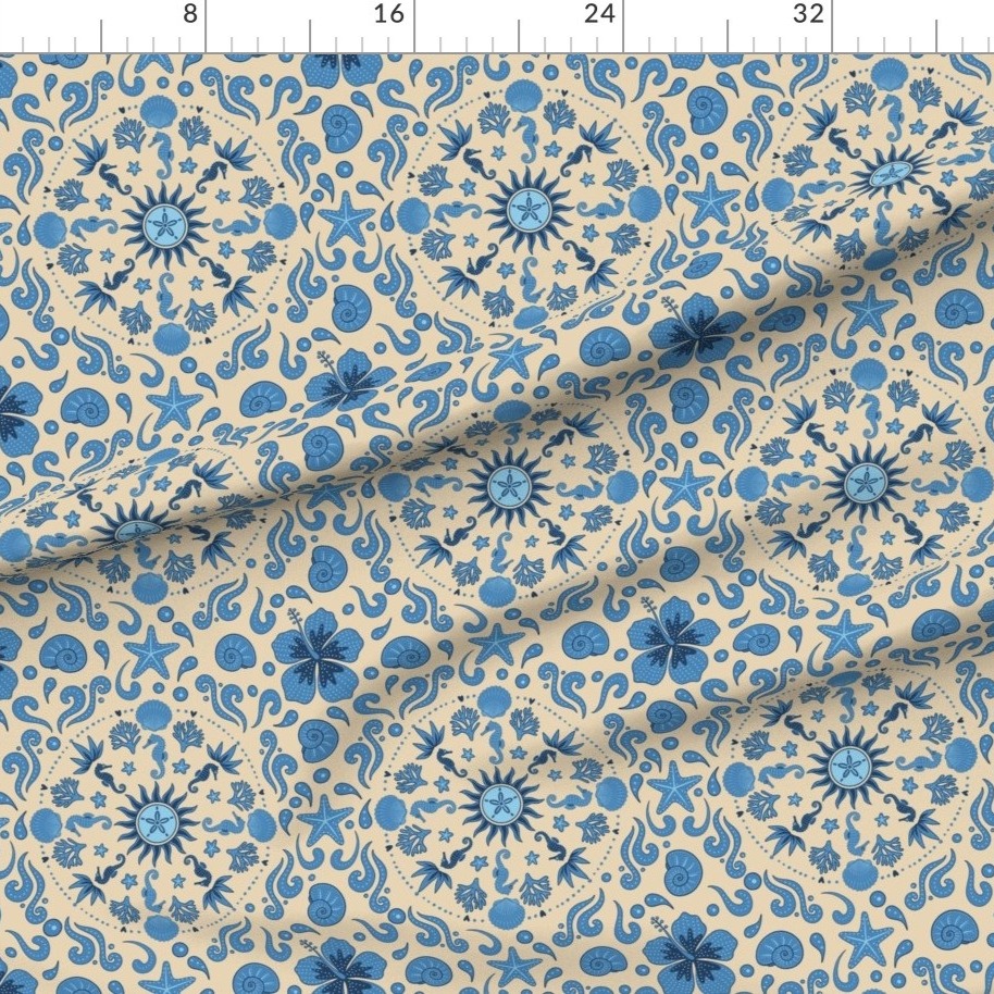 Boho Ocean Mandala - Seahorse & Shells in Coastal Blue Fabric | Spoonflower thumbnail