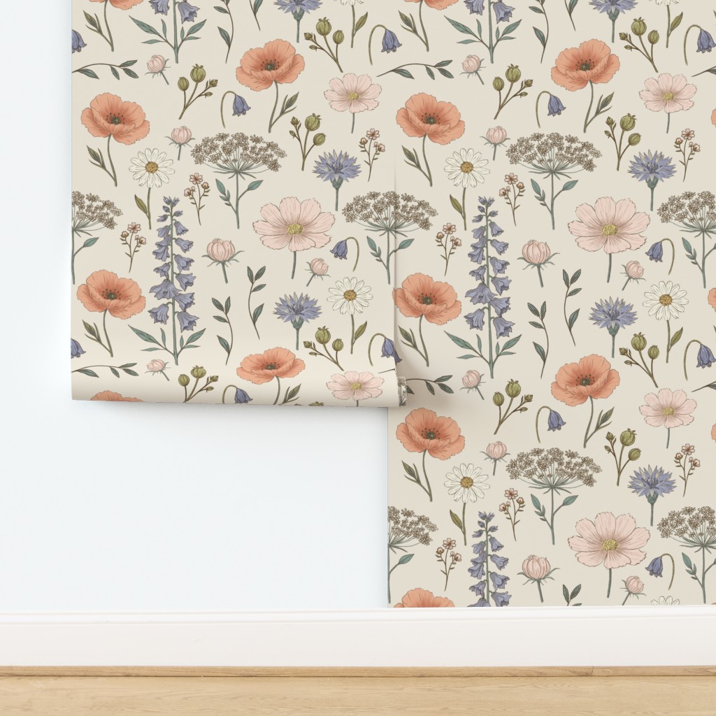 Softly Modern Wildflower Collage Garden Wallpaper | Spoonflower thumbnail