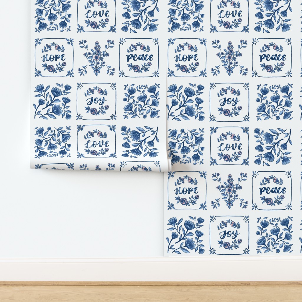 Graceful Delft Florals Love Hope Peace Joy Tiles Wallpaper | Spoonflower thumbnail