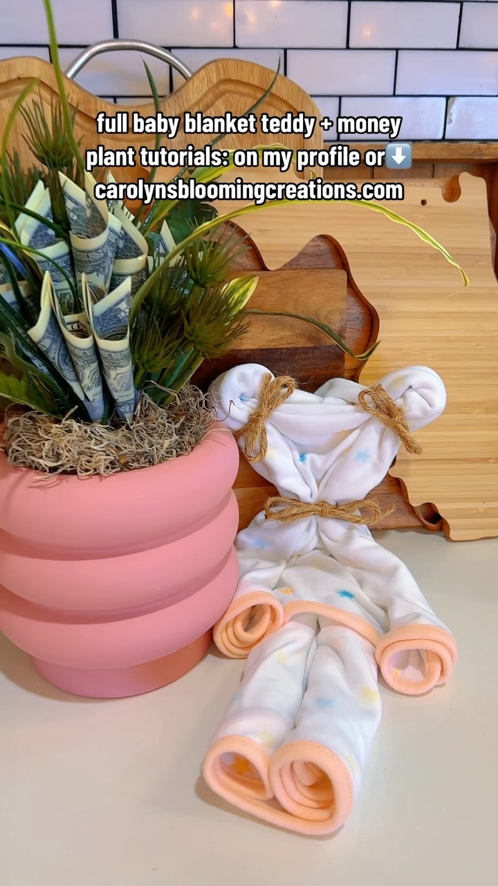 Two gifts perfect for new moms…money plant and a baby blanket teddy bear! 🧸💰#babyshowerideas #babyshower  #newmomtips #n