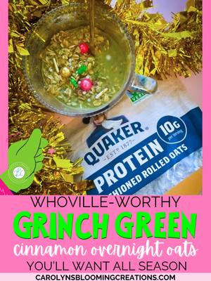 POV: You want a Christmas breakfast that’s cute and easy 💚 These Grinch Green Cinnamon Overnight Oats are creamy, cinnam