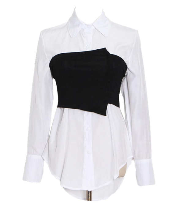Belted Long Sleeve Blouses Color Block Slim Fit Tops thumbnail