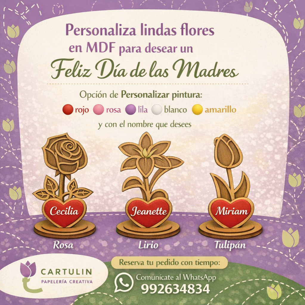 🎁 Flores personalizadas en MDF con nombre y color favorito, un detalle único para sorprender a mamá. thumbnail