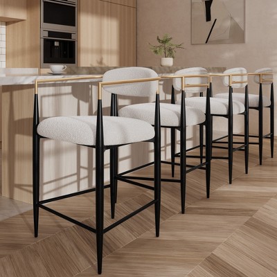 WHITE Lamb's Wool-Like Boucle Fabric Bar Stools Set of 4 with Mid-Century Modern Upholstered Seats for Cafe, Kitchen Island thumbnail