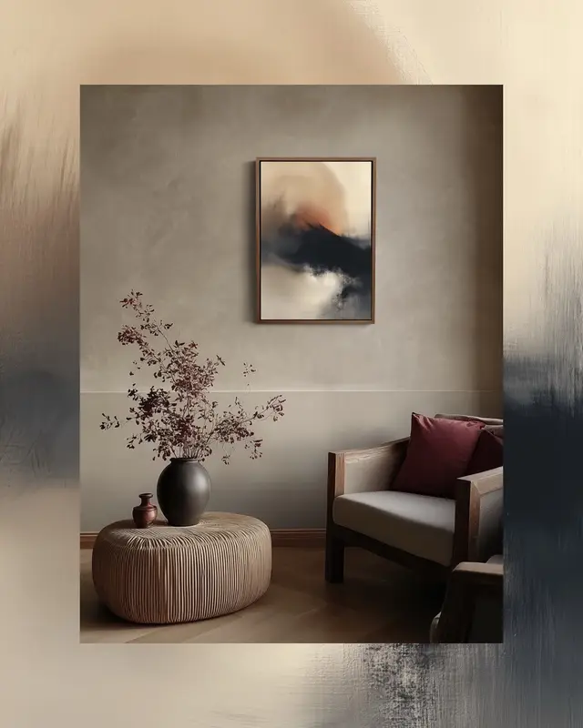 Warm, layered neutrals with a quiet sense of movement. Ember Rise is designed to bring depth without heaviness — a piece