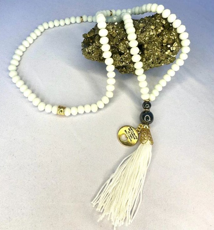 Colar Japamala 108 Contas Cristal Branco E Hematita 8mm Pureza thumbnail