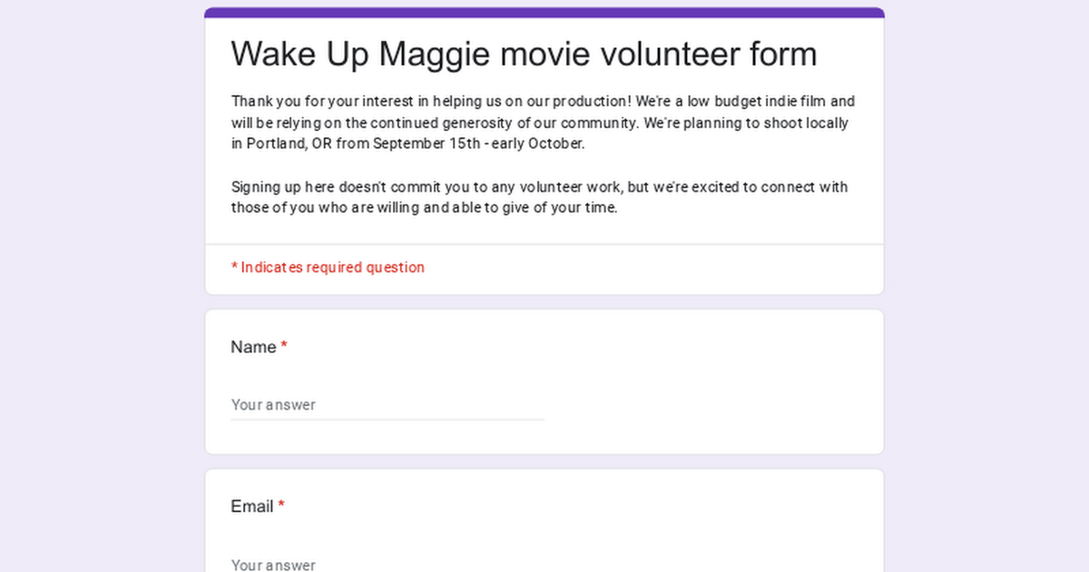 Wake Up Maggie movie volunteer form thumbnail
