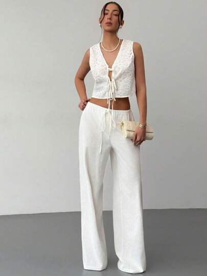Aloruh 2 Peças/Conjunto Top Solta Bordada com Amarração na Frente para Primavera/Verão e Calça de Perna Reta com Cordão Elástico, Conjunto Elegante de Duas Peças thumbnail