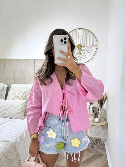 INAWLY Camisa de Verão Casual Feminina de Cor Sólida com Amarração na Frente thumbnail