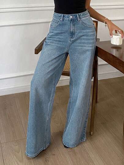 Livesso Calça Denim Reta com Cintura Alta e Bolso Diagonal, Roupas de Volta às Aulas thumbnail