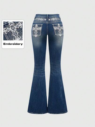 ROMWE PETITE Denim Vintage Flare de Cintura Baixa e Cropped para Mulheres com Bolsos Bordados em Cruz thumbnail