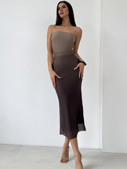 Aloruh Vestido Bodycon Sem Alça Em Mesh Gradiente Estilo Americano thumbnail