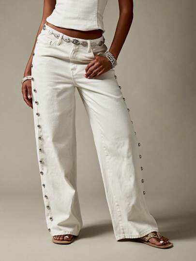 MISSGUIDED Calça Denim de Perna Larga com Botão Entalhado, Enfeite Ocidental Boho Chic de Verão, Calça com Cinto de Strass thumbnail