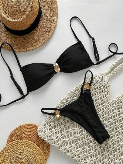 Swim Chiccia Conjunto de 2 peças de Roupa de Praia Verão para Mulheres, Top Bandeau de Alça Fina e Cor Sólida Metálica e Calcinha Cavada para Conjunto de Maiô Bikini para Praia e Resort thumbnail