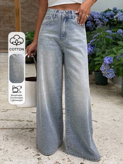 DAZY Calça Denim de Perna Larga Casual Feminina com Decoração de Strass Lavada thumbnail