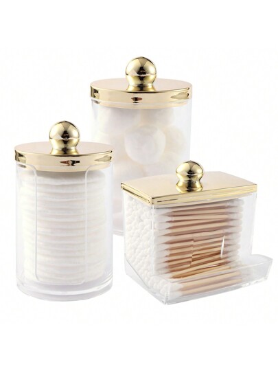 1/2/3 Peças Dispensador de Cotonetes com Tampa Dourada, Suporte para Bolas de Cotonetes de 10 Onças, Organizador de Jarra de Plástico Transparente tipo Boticário para Armazenamento de Cotonetes, Rodelas, Palitos para Fio Dental, para Coleção de Férias, Banheiro, Quarto, Alta Capacidade thumbnail