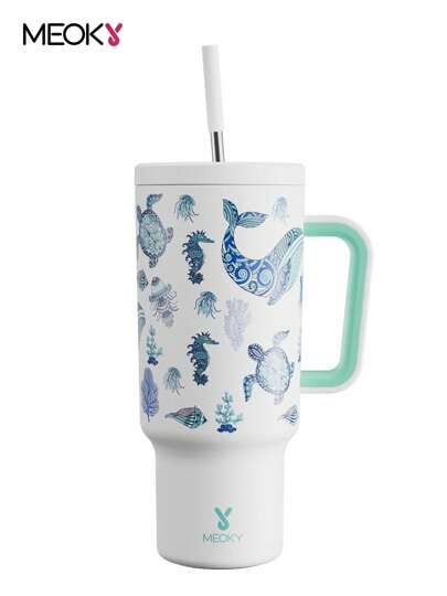 Copo Térmico de 1,18 l com Alça e Canudo, Copo Isolado, Garrafa de Água a Vácuo Isolada, Copo com Tampa e Canudo, Caneca de Viagem de Aço Inoxidável Isolada, 100% à Prova de Vazamento, Mantém Frio por 34 Horas ou Quente por 10 Horas (Animal Marinho Luminoso) thumbnail