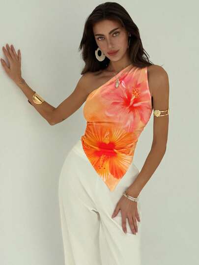 Aloruh Top Assimétrica com Babado no Ombro Elegante e Minimalista, Estampa de Hibisco Tie Dye, Top Floral Havaiana para Praia, Festival de Música, Férias de Primavera thumbnail