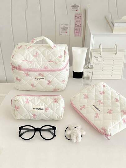 Conjunto de Bolsas de Maquiagem com Estampa de Laço Rosa P/M/G, Bolsa de Cosméticos Floral, Bolsa Organizadora de Viagem Estética para Mulheres e Meninas, Impressão Grande, Bolsa de Maquiagem Acolchoada Vintage Impressa para Mulheres, Organizador de Skin Care, Bolsa Organizadora de Maquiagem com Impressão de Flores, Bolsas de Maquiagem, Organizador de Maquiagem, Armazenamento de Maquiagem thumbnail