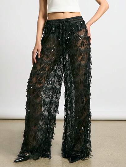 AiiRZ Calça de Perna Larga com Lantejoulas Transparentes, Cintura com Elástico e Cordão, Uso em Festa, Festival, Noite, Ocasiões Especiais, com Detalhes de Franjas thumbnail