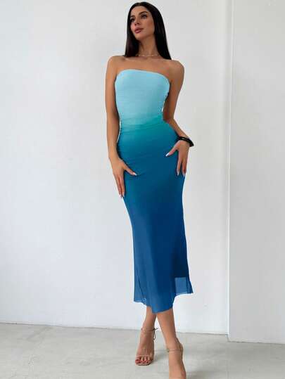 Aloruh Vestido Bodycon Gradiente Mesh Print, Estilo Americano thumbnail
