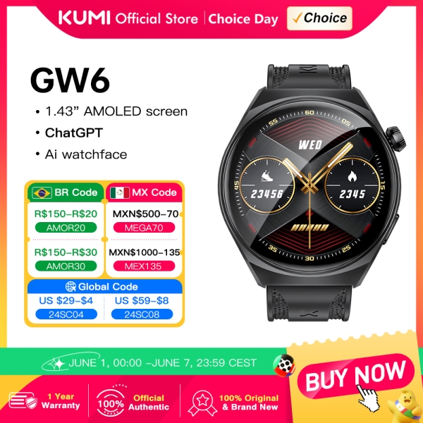 KUMI-GW6 Relógio Inteligente, 1,43 "Tela AMOLED, Chamada Bluetooth, IP68 À Prova D 'Água, NFC, 100 + Esporte, Freqüência Cardí thumbnail