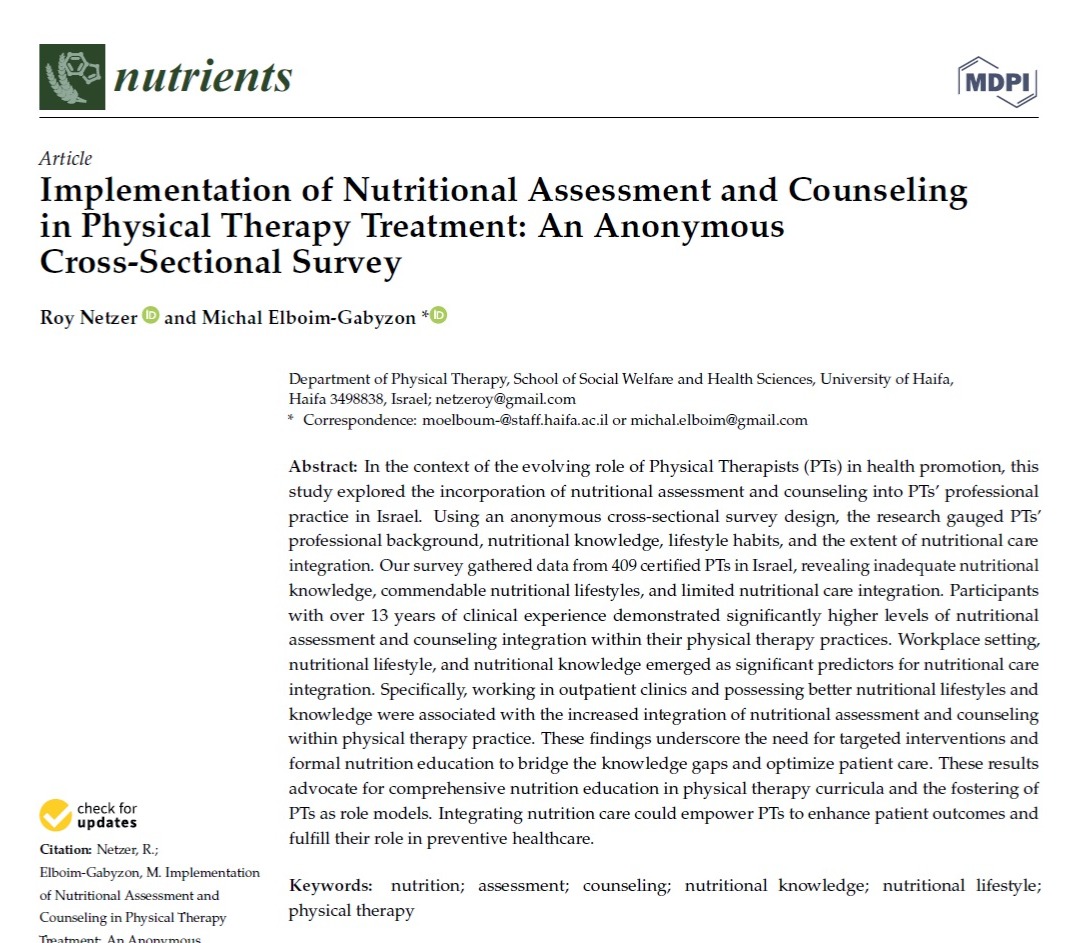 Research II - Implementation of Nutritional Assessment and Counseling in Physical Therapy Treatment: An Anonymous Cross-Sectional Survey thumbnail