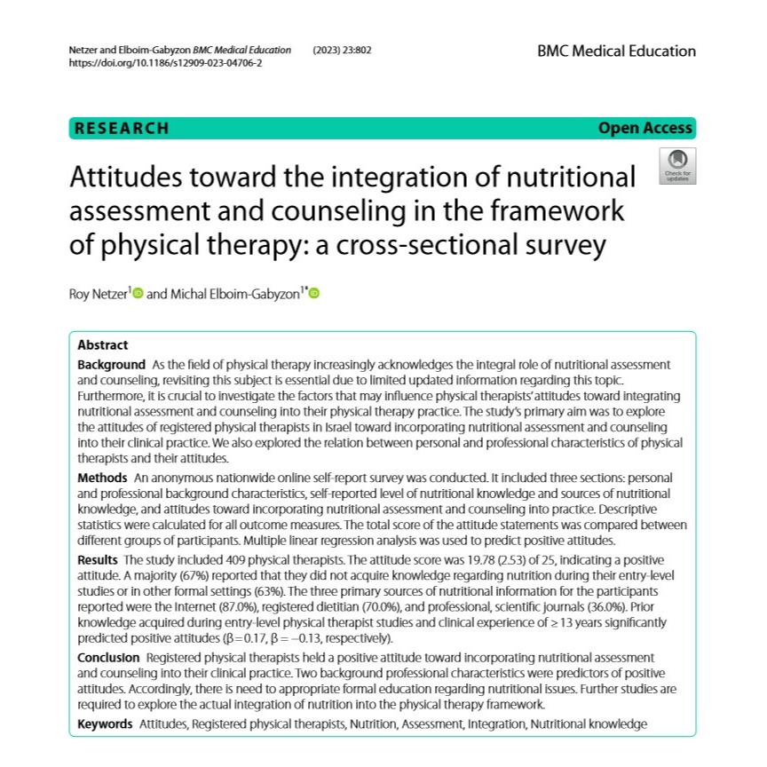 Research I - Attitudes toward the integration of nutritional assessment and counseling in the framework of physical therapy: a cross-sectional survey thumbnail