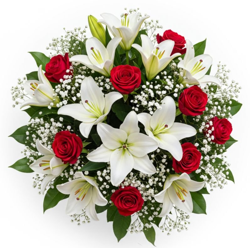 £159 🎁 Flowers Box - Bouquet of Red Roses, Lily & Gypsophila thumbnail