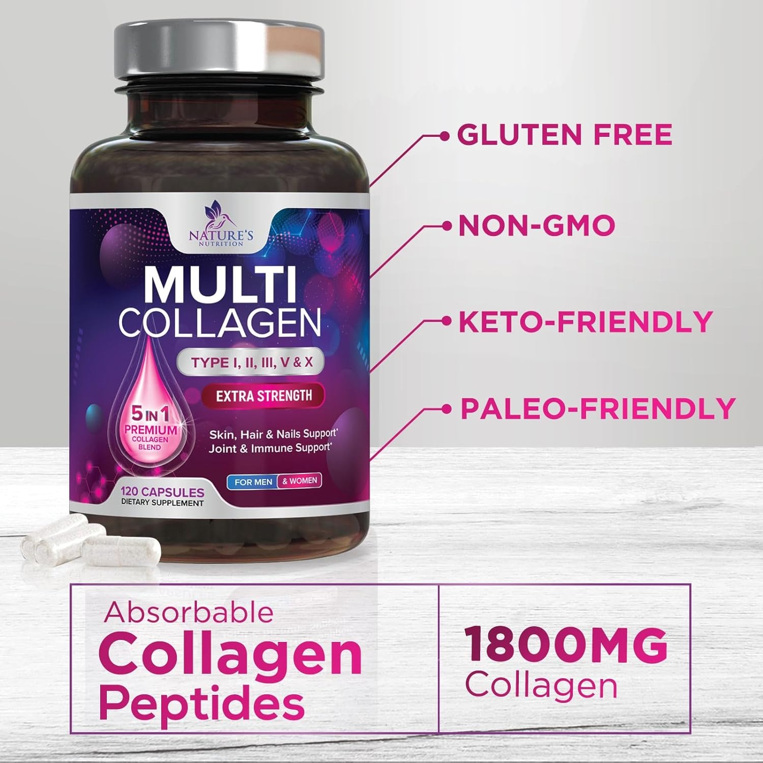 Collagen Peptides for Women & Men, Type I, II, III, V, X Hydrolyzed Collagen Pills, Grass Fed Non-GMO Multi Collagen Peptides Supplements, Hair, Skin, Nail, Bones, Joint Health Support - 120 Capsules : Health & Household thumbnail