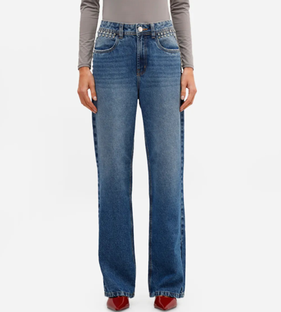 Calça jeans wide leg com brilho na cintura  thumbnail