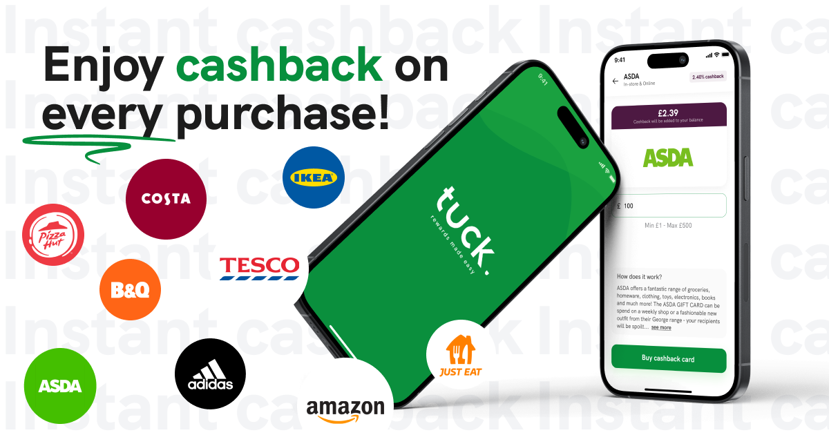 Tuck | Use code UKREWARDS for £1 bonus and cashback offers. Earn free points and miles when you buy giftcards from £1 thumbnail