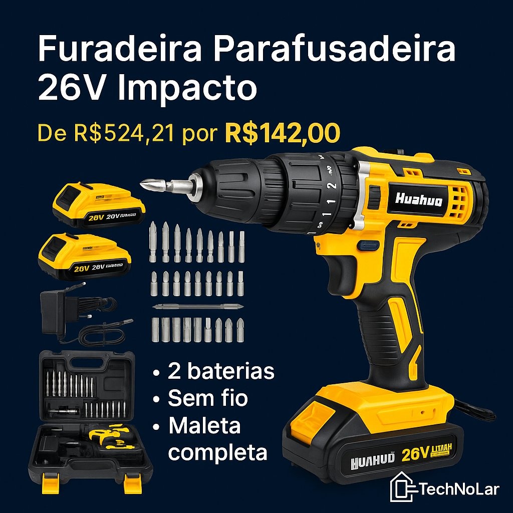 Furadeira Parafusadeira 26V 2 Baterias Sem Fio Impacto Com Maleta Completo thumbnail