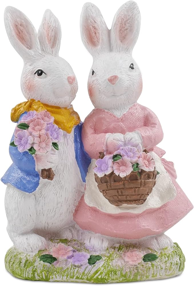 Estatuas de conejo para parejas con flores y césped, figuras de conejito hechas a mano para decoración de jardín de primavera thumbnail