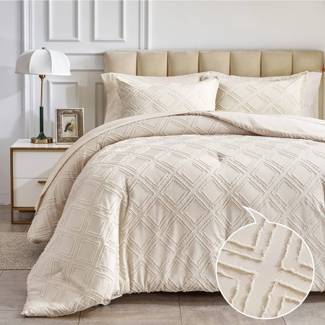 Amazon.com: 7 Pieces Tufted Bed in a Bag Queen Comforter Set with Sheets Beige, Soft and Embroidery Shabby Chic Boho Bohemian, Luxury Solid Color with Diamond Pattern, Jacquard Tufts Bedding Set for All Season : Home & Kitchen thumbnail