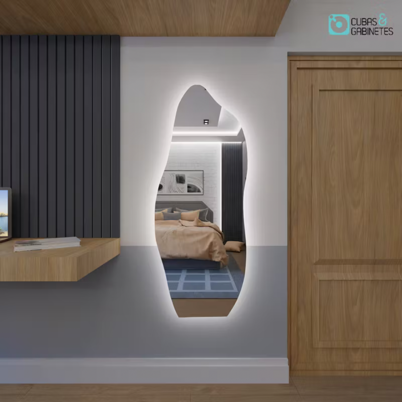 Espelho Orgânico Led 150cm 170cm Luz Branco e Luz Amarela Flame Quarto Sala Salão Loja thumbnail