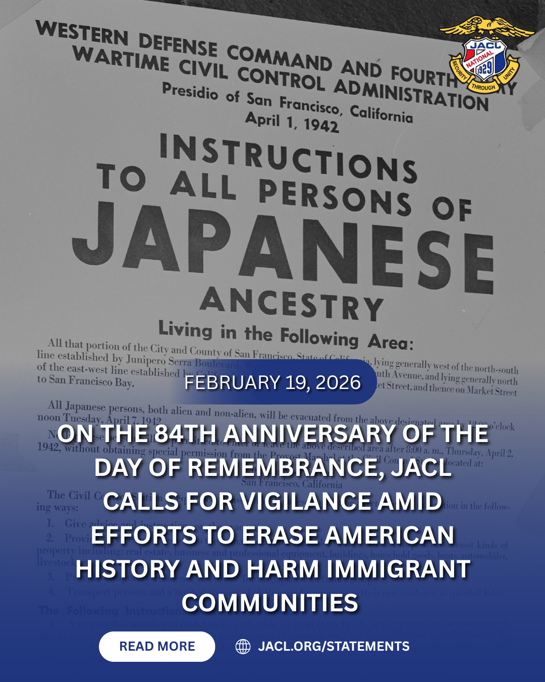 On The 84th Anniversary of the Day of Remembrance, JACL Calls for Vigilance Amid Efforts to Erase American History and Harm Immigrant Communities&nbsp; — JACL thumbnail