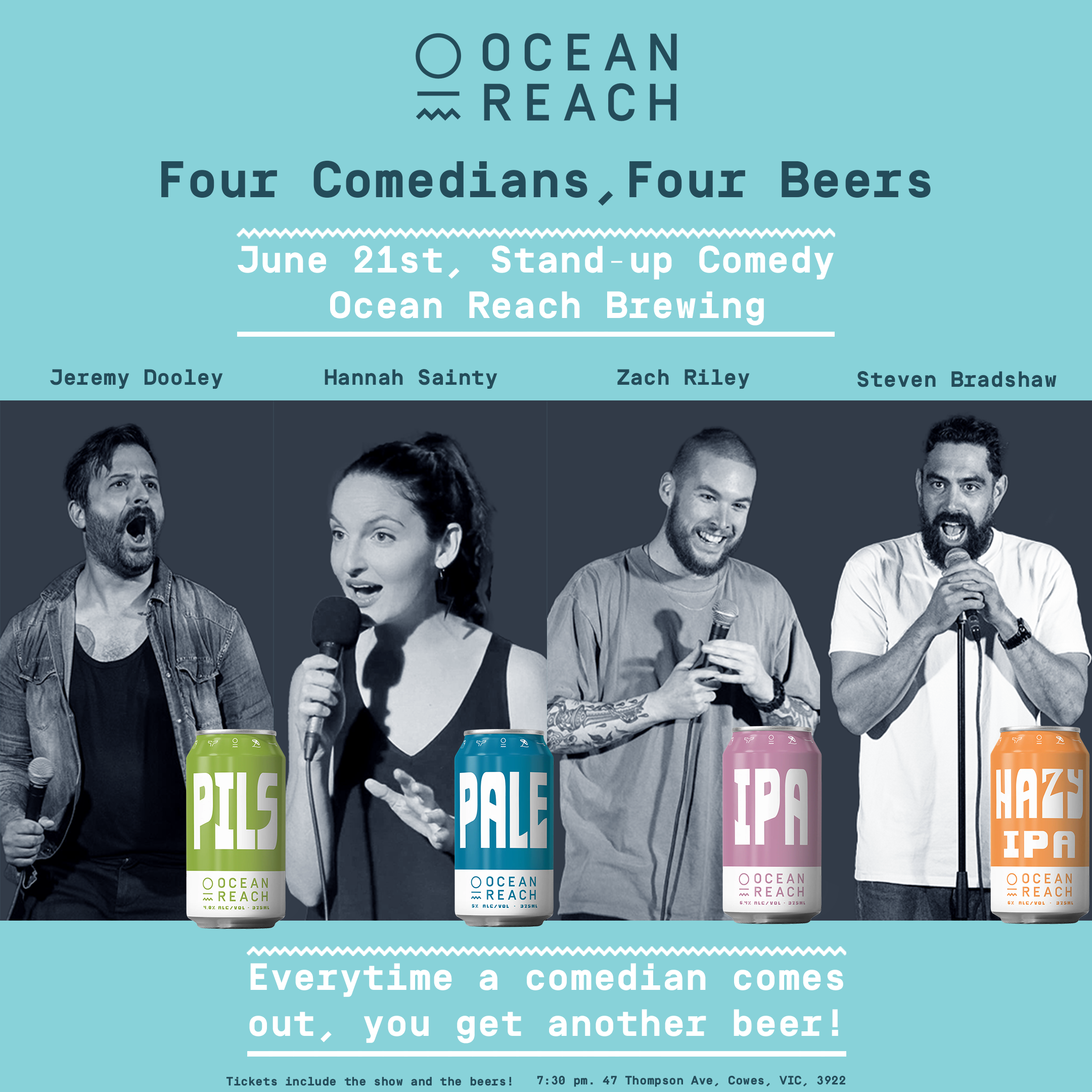 Sat 21st June: Four Comedians, Four Beers at Ocean Reach Brewing thumbnail