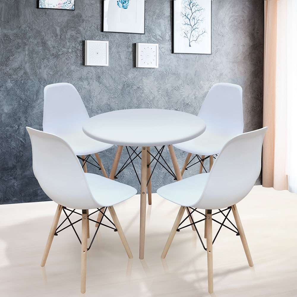 Conjunto de Mesa de Jantar Eames Eiffel Redonda 90cm Tampo de Madeira Branco com 4 Cadeiras Brancas - UNIVERSAL MIX thumbnail