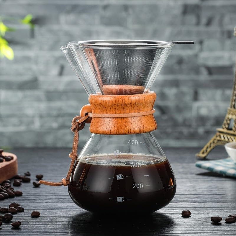 Cafeteira De Vidro Borossilicato Com Filtro Manual em Inox Passador de Café Detalhe Madeira 400ml | Amazon.com.br thumbnail