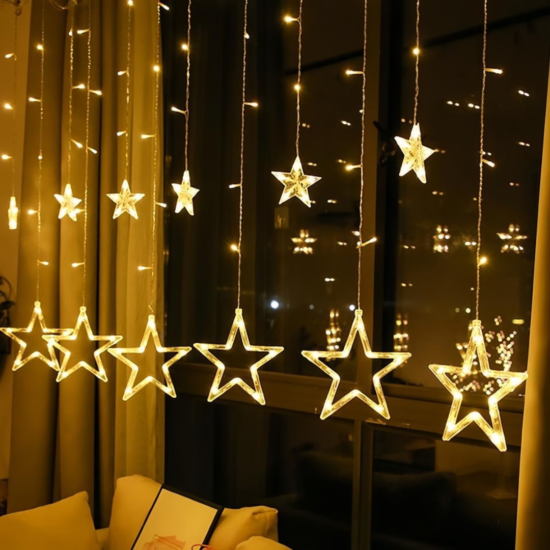 Cascata com 138 LED Formato em Estrela 8 Funções de Pisca para Cortina de luz para decorações de Natal 2,5 Metros Branco Quente (110, Volts) | Amazon.com.br thumbnail