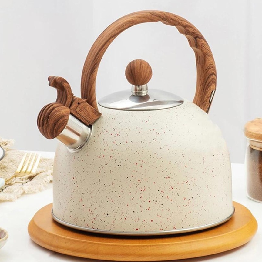 Chaleira De 2,5 Quart . Chá De Aço Inoxidável Para Top Elegante Com Padrão De Madeira Anti-Derrapante Fogão De Água De Apito Fervida thumbnail