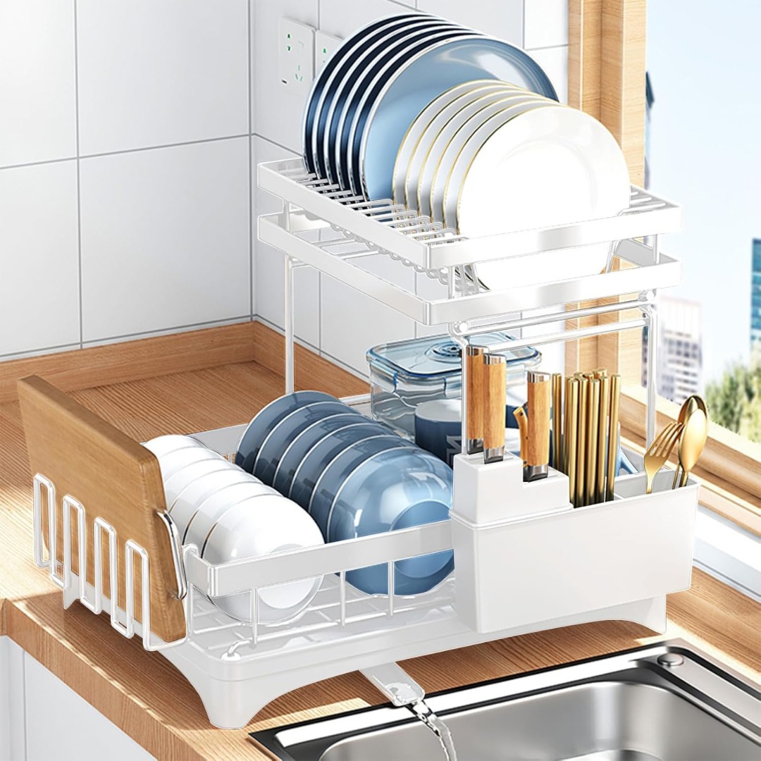 DEVA FRONSA Escorredor de Louça Inox, Porta Talheres com Escorredor, Escorredor de Louça Suspenso com Bandeja, Escorredor de Pratos com Porta Copos, Organização de Cozinha, 2 Camadas, Branco | Amazon.com.br thumbnail