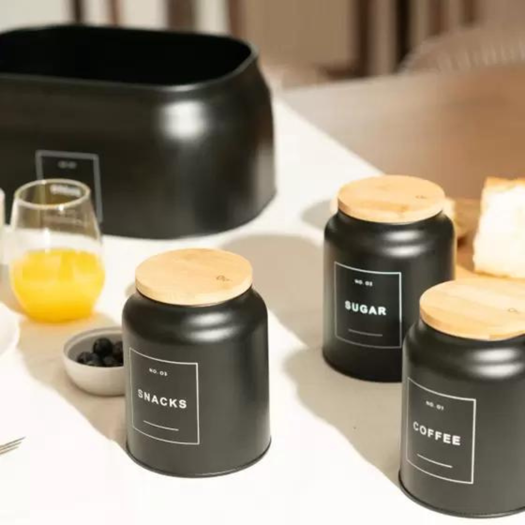 Kit Latas Mantimentos Pão Açúcar Café Bolacha Bambu Preto thumbnail