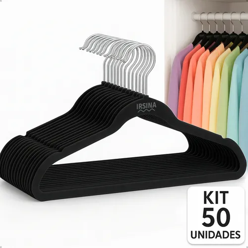 Kit 50 Cabides Veludo Preto Antideslizante Slim Irsina Aço Inox thumbnail