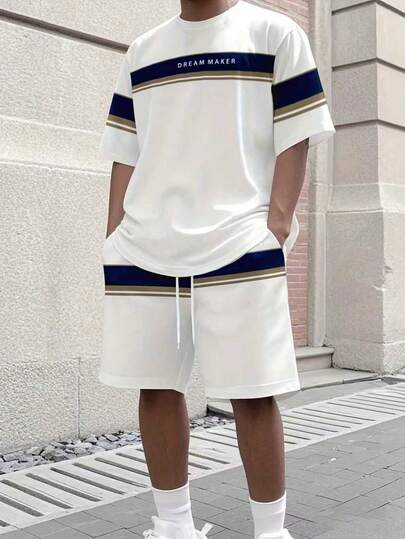 Conjunto Esportivo de Verão Masculino, Camiseta de Gola Careca e Shorts em Malha de Poliéster, Leve, Respirável, Elástico, Design de Cor Sólida, Adequado para Treino e Uso Casual, Também Pode Ser Dado como Presente para Amigos thumbnail