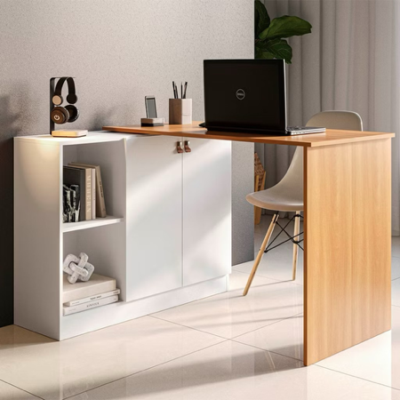 Escrivaninha com Tampo Articulado Telasul Versa Home 2 Portas Freijó/Branco - Telasul thumbnail