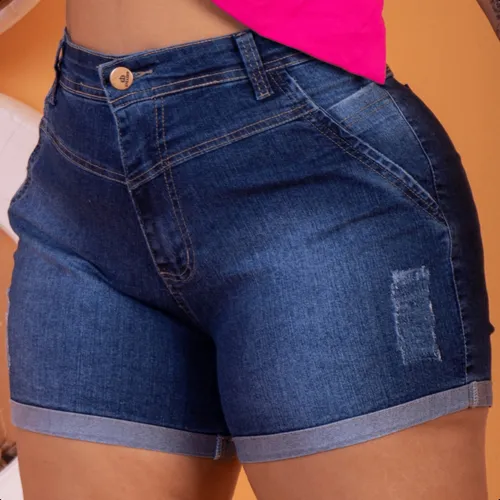Short Jeans Plus Size Cintura Alta Destroyed Com Lycra thumbnail