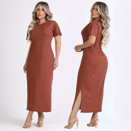 Vestido Feminino Fenda Lateral 100% Algodão Moda Básica Casual Elegante 38 ao 46 Midi Social Oferta thumbnail